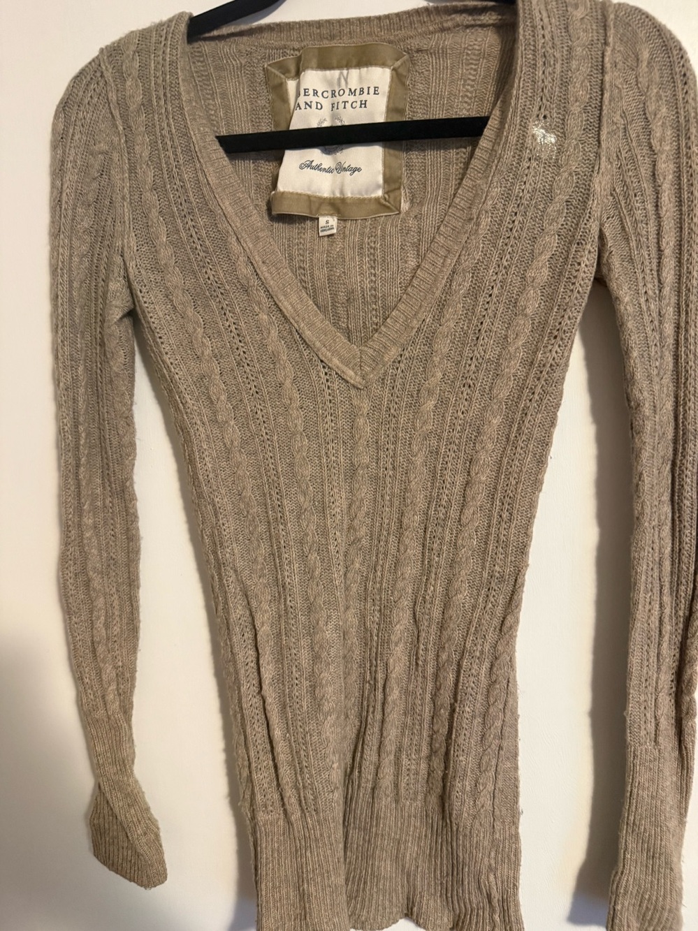 Vintage Y2K Abercrombie & Fitch Cable Knit V-Neck Sweater Taupe Brown Small